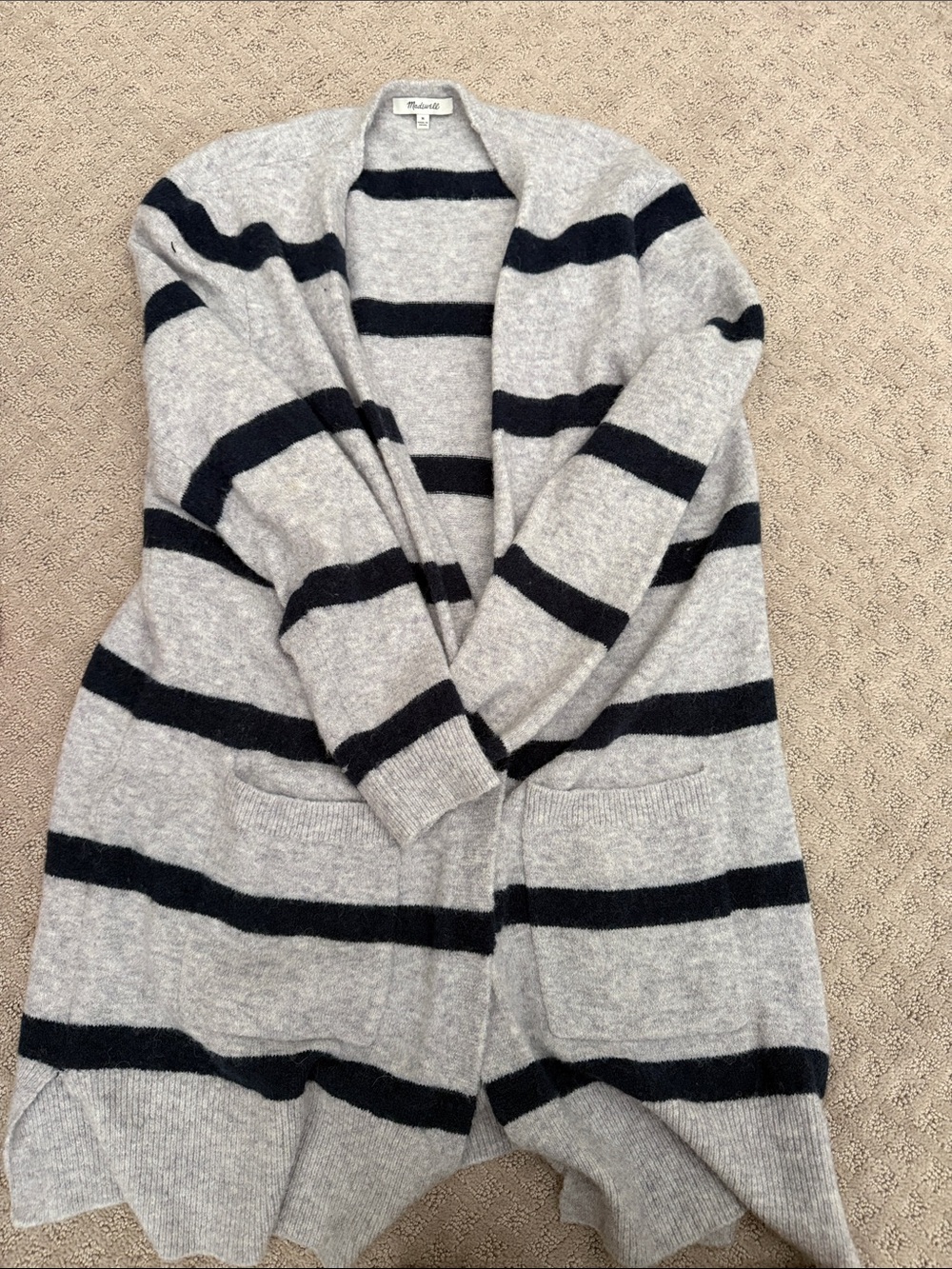Madewell Gray and Navy Striped Open-Front Cardigan